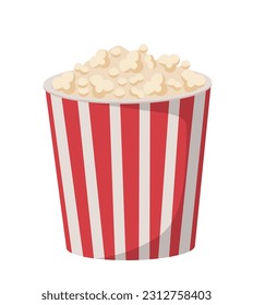 Concepto de maíz pop de cine. Icono para el sitio web. Cubo de cartón rojo y blanco. La comida rápida y sabrosa, la comida poco saludable. Aperitivos dulces. Dibujo vectorial plano de dibujos animados aislado en fondo blanco