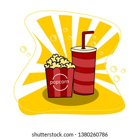 Cinema pop corn with cup of soda and yellow background vector.