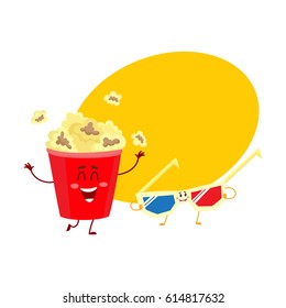 Cinema popcorn and 3D stereoscopic glasses characters with smiling human faces, cartoon vector illustration with place for text. Popcorn bucket and 3D glasses characters, mascots, symbols