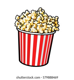 Cinema popcorn in a big red and white striped bucket, sketch style vector illustration isolated on white background.