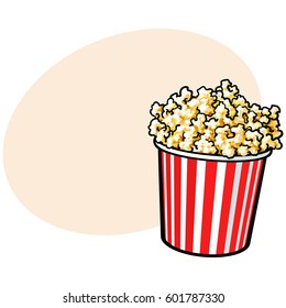 Cinema popcorn in a big red and white striped bucket, sketch style vector illustration with place for text. 