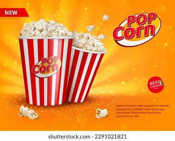 Cinema popcorn buckets poster. Movie theater snack crunchy sweetcorn, fast food cafe sweet snack or takeaway fluffy meal promo realistic vector leaflet. Party salty dessert 3d flyer or ad poster