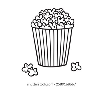 cinema popcorn doodle hand drawn icon. Outline drawing a bucket of popcorn line clipart symbol. Vector illustration