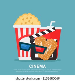 Cinema, popcorn, soda drinks, cinema 3d glasses, clapperboard, flat design illustration