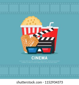 Cinema, popcorn, soda drinks, cinema 3d glasses, clapperboard, flat design illustration