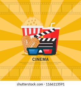 Cinema, popcorn, soda drinks, cinema 3d glasses, clapperboard, flat design vector illustration