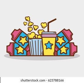 cinema with popcorn, soda and tickets