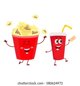 Cinema popcorn and soda water characters with smiling human face, cartoon vector illustration isolated on white background. Funny cinema popcorn bucket and soda water cup character, mascot