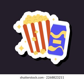 Cine popcorn sticker. La comida es deliciosa y dulce, con limonada y bebida. Cocina para ver películas y series cómodas. Afiche o cartel para el sitio. Dibujo vectorial plano de dibujos animados