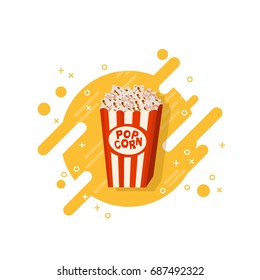 Cinema popcorn in striped box vector icon isolated illustration on modern memphis design background