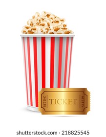 Cinema  popcorn and tickets. Isolated white background. Vector