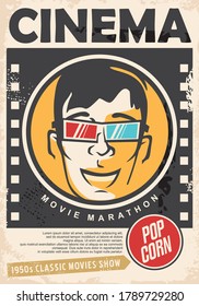 Cinema poster for 3D movie projections with happy guy and 3D glasses. Retro film flyer. Film strip vector ad.