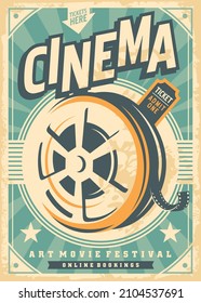 Cinema poster advertisement with film reel and movie ticket graphic. Creative flyer idea for entertainment and film industry. Vector illustration. 