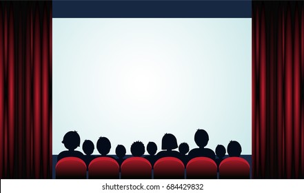 Cinema poster with audience, screen and red curtains .Vector illustration