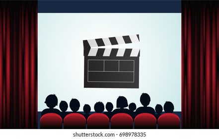 Cinema poster with audience, screen and red curtains .Vector illustration