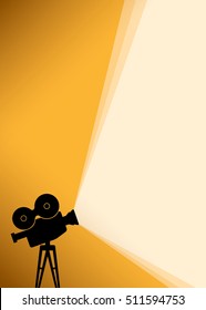 Cinema poster background with black Silhouette of camera or projector with yellow light rays. Vector illustration