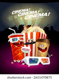 Cartaz de cinema, modelo de cartão de cobertura de menu café cinema com símbolos de alimentos engraçados personagens - caixa de pipoca, refrigerante, café e óculos 3D