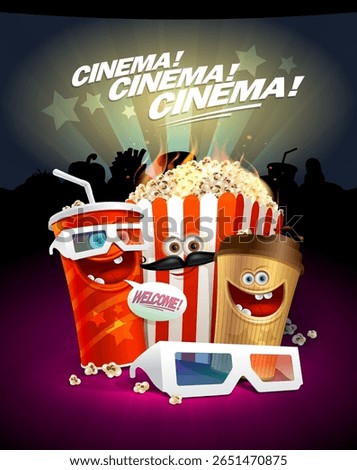 Cinema poster, cinema cafe menu cover card template with funny food symbols personages - popcorn box, soda drink, coffee, and 3D glasses
