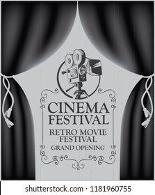 cinema poster with camera and black Curtains