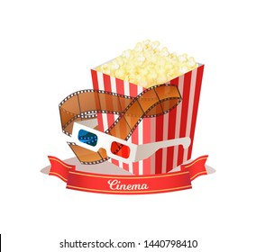 Cinema poster decorated by striped box with popcorn, glasses for watching in 3d format, movie retro roll. Media equipments, film decorations vector