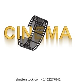 Cinema poster design template. 3d golden text of cinema decorated with filmstrip on white background