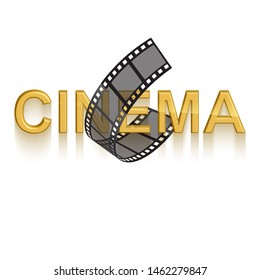 Cinema poster design template. 3d golden text of cinema decorated with filmstrip on white background