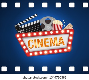 Cinema poster design template. Movie concept banner design  Movie time background banner shining sign. Popcorn, filmstrip, clapboard, tickets.  