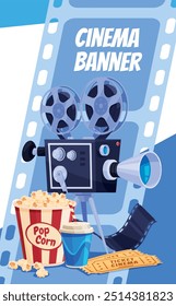 Diseño de póster de cine Plantilla de palomitas de maíz cámara carrete de película ticket soda bebida Ilustración vectorial isométrica. Cinematografía cine cine premiere arte cultura entretenimiento multimedia anunciar publicidad