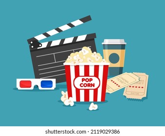 Cinema poster with director clapboard, popcorn, tickets and 3d glasses. Movie premiere banner. Film concept. Vector illustration isolated on dark blue background.