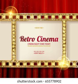 Cinema Poster In A Gold Frame On The Background Of A Red Curtain, A Movie Template For The Layout, Banner And Cover. Vector Illustration