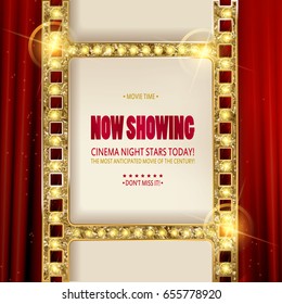 Cinema poster in a gold frame on the background of a red curtain, a movie template for the layout, banner and cover. Vector illustration