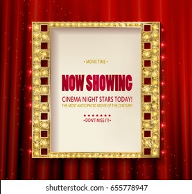 Cinema poster in a gold frame on the background of a red curtain, a movie template for the layout, banner and cover. Vector illustration