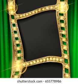 Cinema poster in a gold frame on the background of a green curtain, a movie template for the layout, banner and cover. Vector illustration