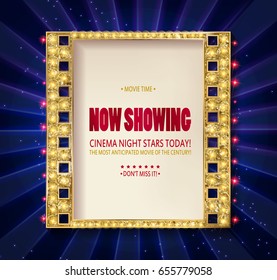 Cinema poster in a gold frame on the background of a bluecurtain, a movie template for the layout, banner and cover. Vector illustration