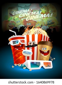 Cinema poster, menu cover or invitation card design template with funny food symbols - popcorn box, soda drink, coffee and 3D glasses against screen cinema background