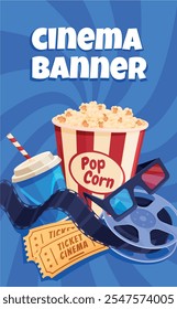 Ilustración vectorial isométrica de la Plantilla del diseño de la invitación de la publicidad de la película del cartel del cine. Anuncio de festival de cine Anuncio con tira de carrete de palomitas de maíz 3d vasos de entradas y bebida de refresco