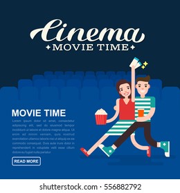 Cinema poster or movie banner template. Lettering writing. Couple people with a popcorn, soda and cinema tickets on the background of the cinema seats.