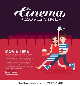 Cinema poster or movie banner template. Lettering writing. Couple people with a popcorn, soda and cinema tickets on the background of the cinema seats.