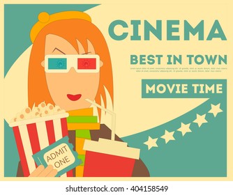 Cinema Poster. Movie Placard. Girl Keeps Popcorn, Movie Ticket and Drink. Vector Illustration.