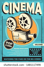 Cinema poster with cinema movie projector camera graphic on retro blue background. Film industry and cinema vector concept.  Vintage movie theater flyer illustration.