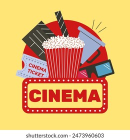 Cinema poster. Popcorn, 3D glasses, clapperboard, cinema ticket and megaphone. Vector illustration