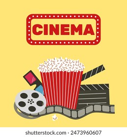 Cinema poster. Popcorn, 3D glasses, clapperboard, film reel. Vector illustration