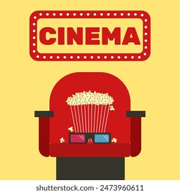 Cinema poster. Popcorn, 3D glasses, seat. Vector illustration