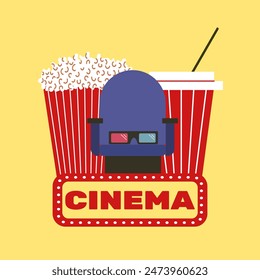 Cartel del cine. Palomitas de maíz, vasos 3D, gaseosa, asiento. Ilustración vectorial