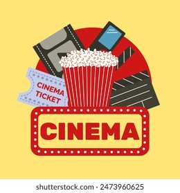 Cinema poster. Popcorn, 3D glasses, clapperboard, cinema ticket. Vector illustration