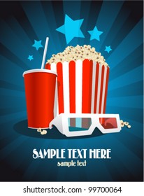 Cinema poster with popcorn box, cola and 3D glasses.