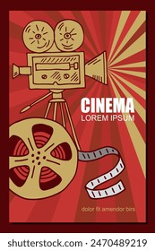 Cinema poster retro film tape and cinema camera vector placard template with place for text
