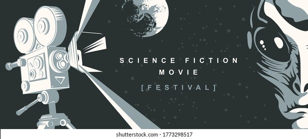 Cinema poster for science fiction movie festival with old-fashioned movie projector, alien face and moon on the starry sky. Suitable for banner, flyer, billboard, web page, ticket