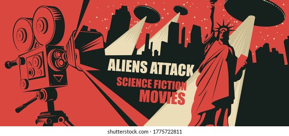 Cinema poster for science fiction movies. Vector illustration with an old movie projector and flying saucers with a bright beams and a fleeing person in a big city at night. Aliens attack.