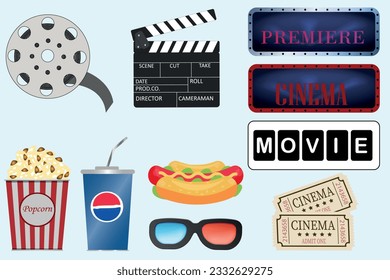 Cinema poster template, film festival invitation. Movie night event posters with popcorn, soda, camera, movie premiere flyer vector set. Cinematography equipment for industry
